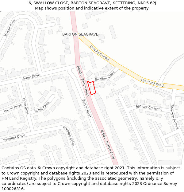 6, SWALLOW CLOSE, BARTON SEAGRAVE, KETTERING, NN15 6PJ: Location map and indicative extent of plot