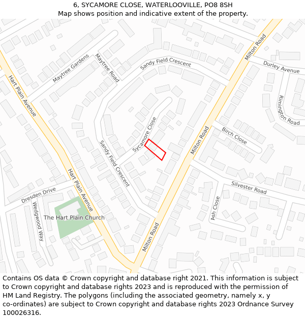 6, SYCAMORE CLOSE, WATERLOOVILLE, PO8 8SH: Location map and indicative extent of plot