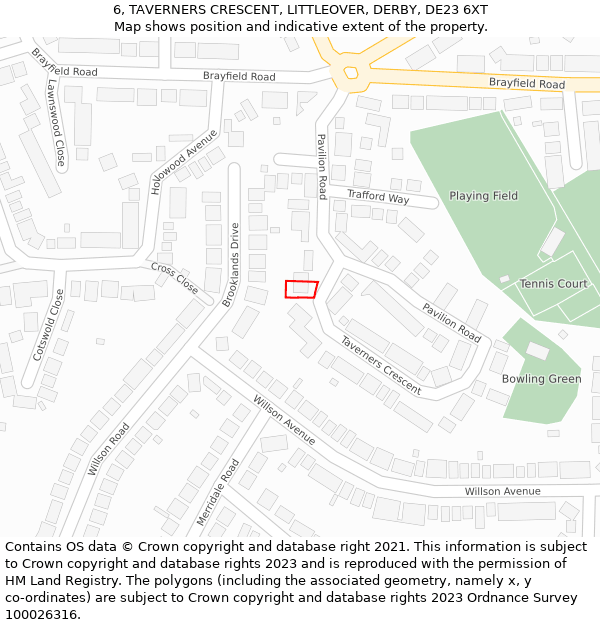 6, TAVERNERS CRESCENT, LITTLEOVER, DERBY, DE23 6XT: Location map and indicative extent of plot