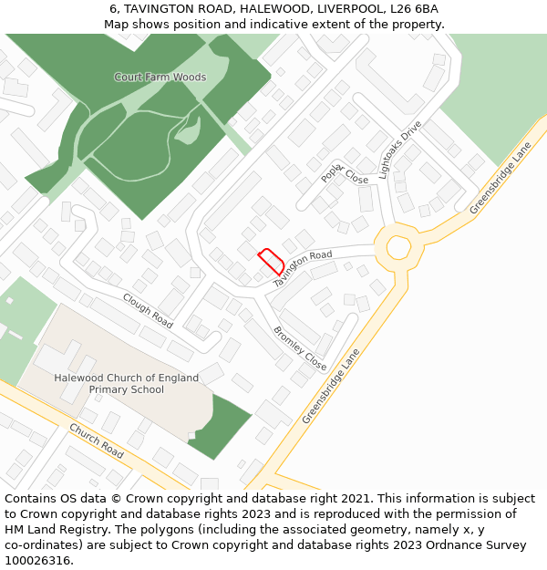 6, TAVINGTON ROAD, HALEWOOD, LIVERPOOL, L26 6BA: Location map and indicative extent of plot