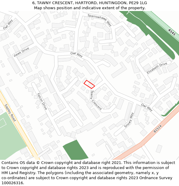 6, TAWNY CRESCENT, HARTFORD, HUNTINGDON, PE29 1LG: Location map and indicative extent of plot