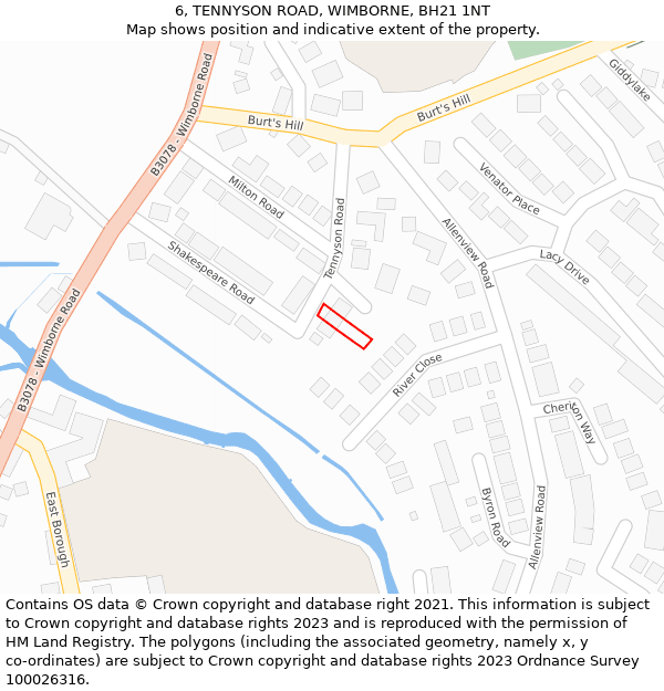 6, TENNYSON ROAD, WIMBORNE, BH21 1NT: Location map and indicative extent of plot