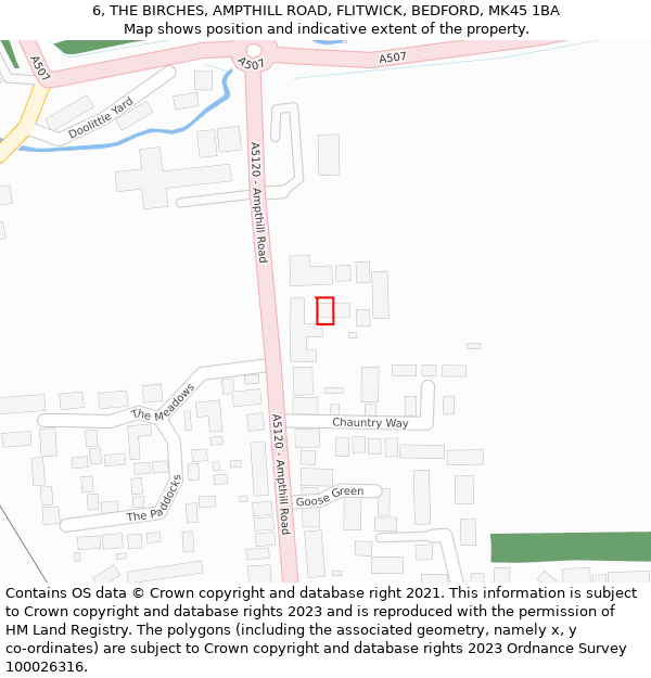 6, THE BIRCHES, AMPTHILL ROAD, FLITWICK, BEDFORD, MK45 1BA: Location map and indicative extent of plot