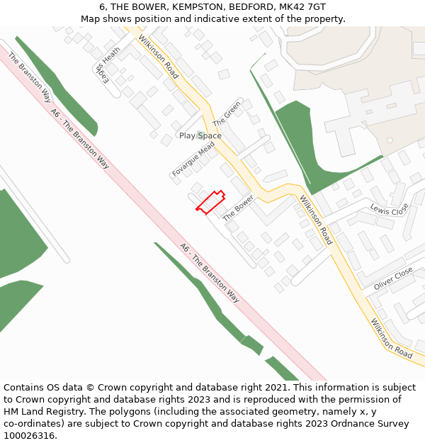 6, THE BOWER, KEMPSTON, BEDFORD, MK42 7GT: Location map and indicative extent of plot