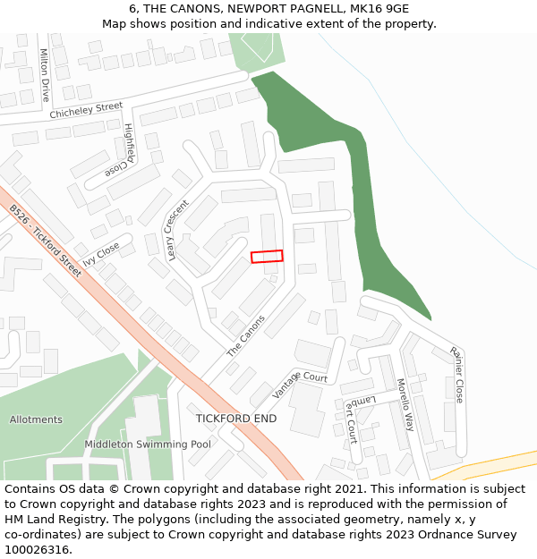 6, THE CANONS, NEWPORT PAGNELL, MK16 9GE: Location map and indicative extent of plot