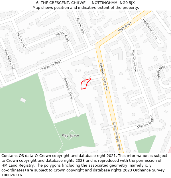 6, THE CRESCENT, CHILWELL, NOTTINGHAM, NG9 5JX: Location map and indicative extent of plot