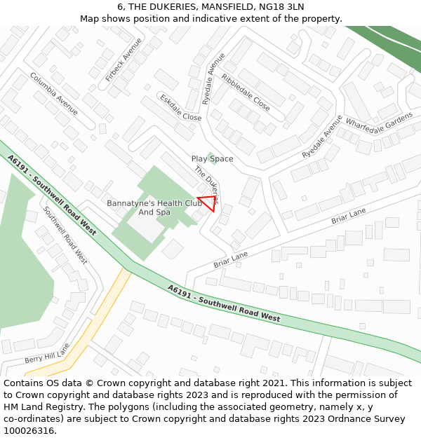 6, THE DUKERIES, MANSFIELD, NG18 3LN: Location map and indicative extent of plot