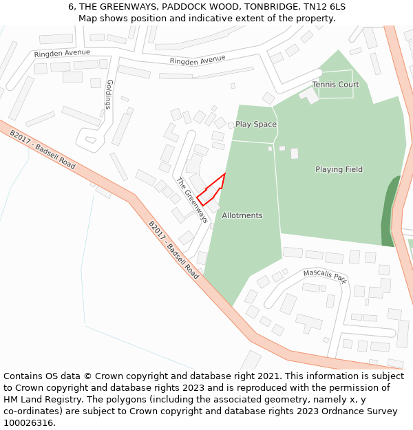 6, THE GREENWAYS, PADDOCK WOOD, TONBRIDGE, TN12 6LS: Location map and indicative extent of plot