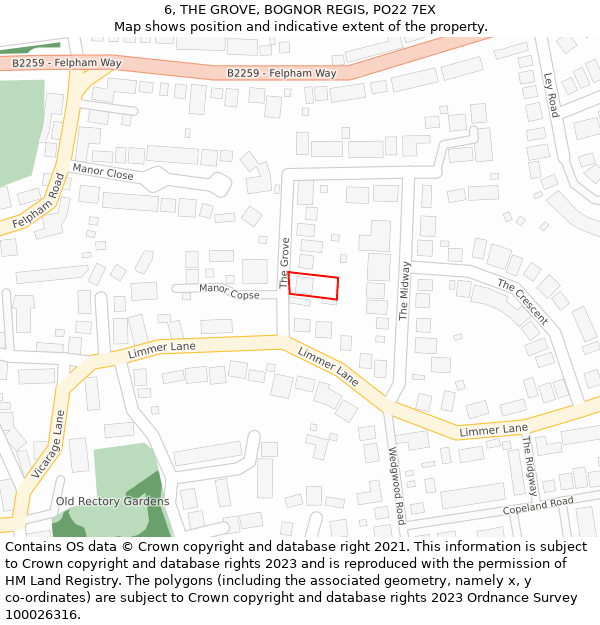 6, THE GROVE, BOGNOR REGIS, PO22 7EX: Location map and indicative extent of plot