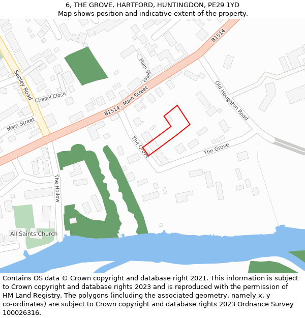 6, THE GROVE, HARTFORD, HUNTINGDON, PE29 1YD: Location map and indicative extent of plot