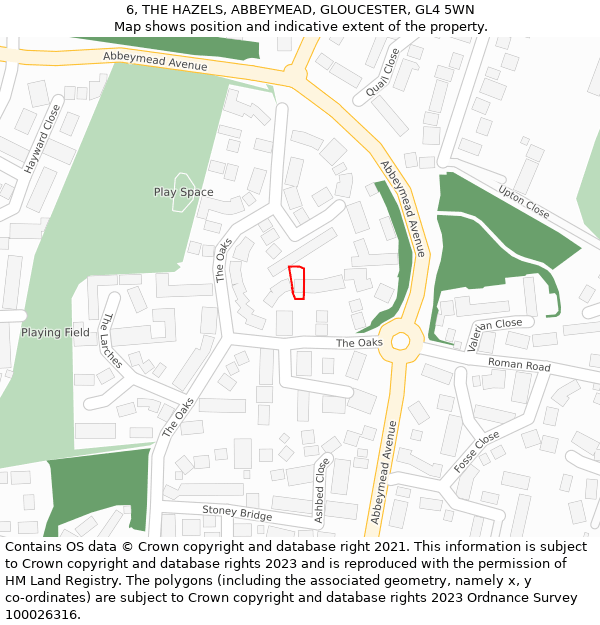 6, THE HAZELS, ABBEYMEAD, GLOUCESTER, GL4 5WN: Location map and indicative extent of plot