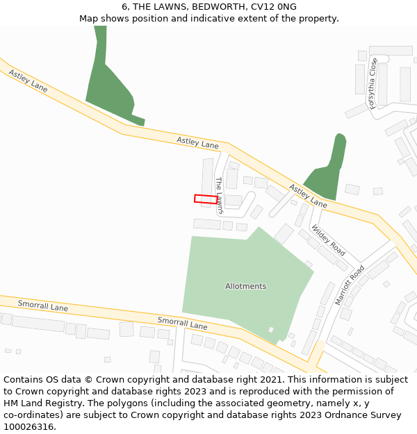 6, THE LAWNS, BEDWORTH, CV12 0NG: Location map and indicative extent of plot