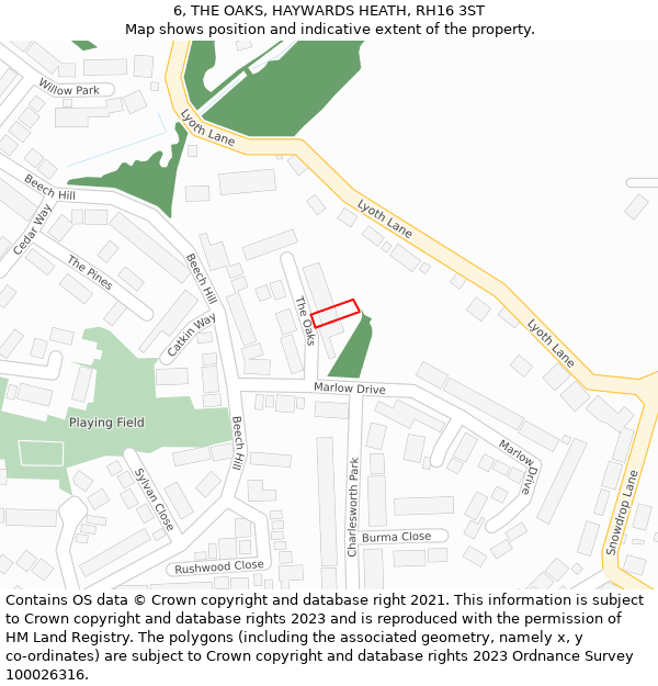 6, THE OAKS, HAYWARDS HEATH, RH16 3ST: Location map and indicative extent of plot