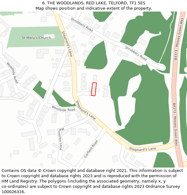 6, THE WOODLANDS, RED LAKE, TELFORD, TF1 5ES: Location map and indicative extent of plot