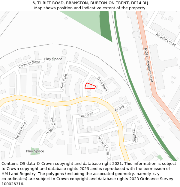 6, THRIFT ROAD, BRANSTON, BURTON-ON-TRENT, DE14 3LJ: Location map and indicative extent of plot