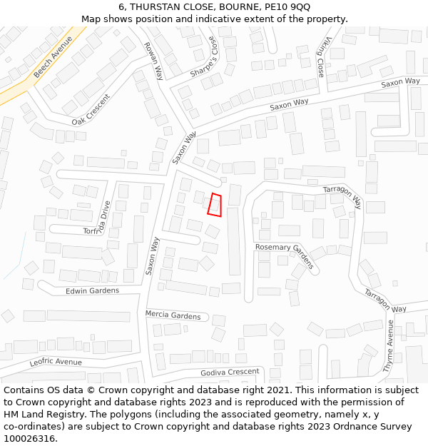 6, THURSTAN CLOSE, BOURNE, PE10 9QQ: Location map and indicative extent of plot