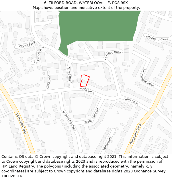 6, TILFORD ROAD, WATERLOOVILLE, PO8 9SX: Location map and indicative extent of plot