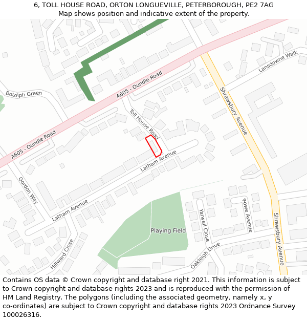 6, TOLL HOUSE ROAD, ORTON LONGUEVILLE, PETERBOROUGH, PE2 7AG: Location map and indicative extent of plot