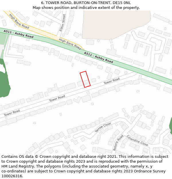6, TOWER ROAD, BURTON-ON-TRENT, DE15 0NL: Location map and indicative extent of plot