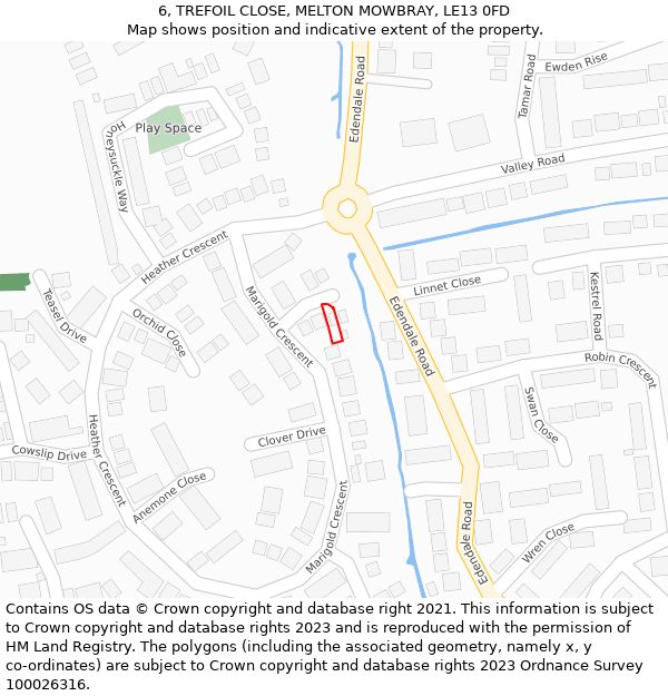 6, TREFOIL CLOSE, MELTON MOWBRAY, LE13 0FD: Location map and indicative extent of plot