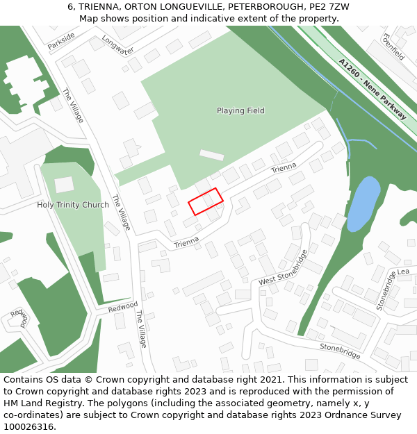 6, TRIENNA, ORTON LONGUEVILLE, PETERBOROUGH, PE2 7ZW: Location map and indicative extent of plot