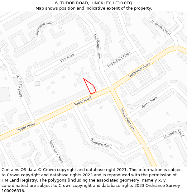 6, TUDOR ROAD, HINCKLEY, LE10 0EQ: Location map and indicative extent of plot