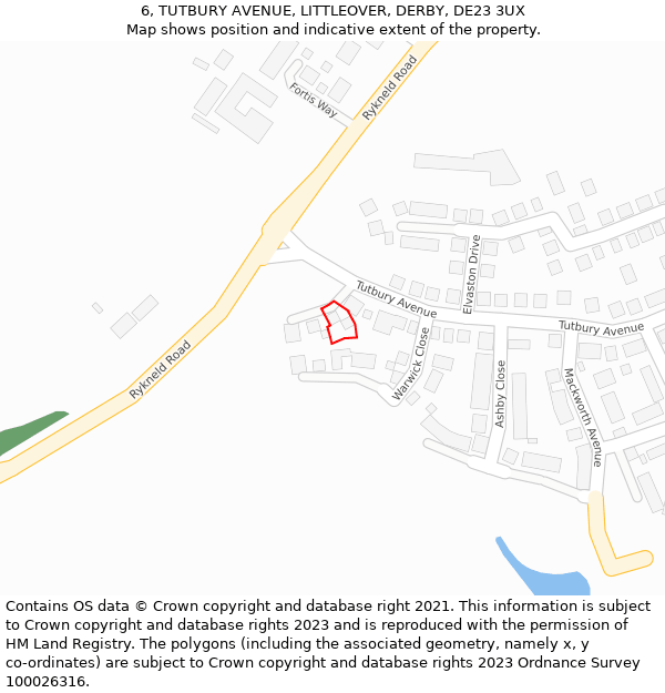 6, TUTBURY AVENUE, LITTLEOVER, DERBY, DE23 3UX: Location map and indicative extent of plot