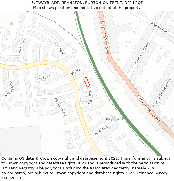 6, TWAYBLADE, BRANSTON, BURTON-ON-TRENT, DE14 3QF: Location map and indicative extent of plot