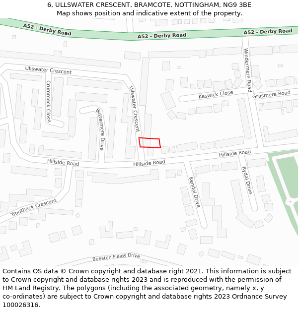 6, ULLSWATER CRESCENT, BRAMCOTE, NOTTINGHAM, NG9 3BE: Location map and indicative extent of plot