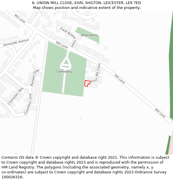 6, UNION MILL CLOSE, EARL SHILTON, LEICESTER, LE9 7ED: Location map and indicative extent of plot