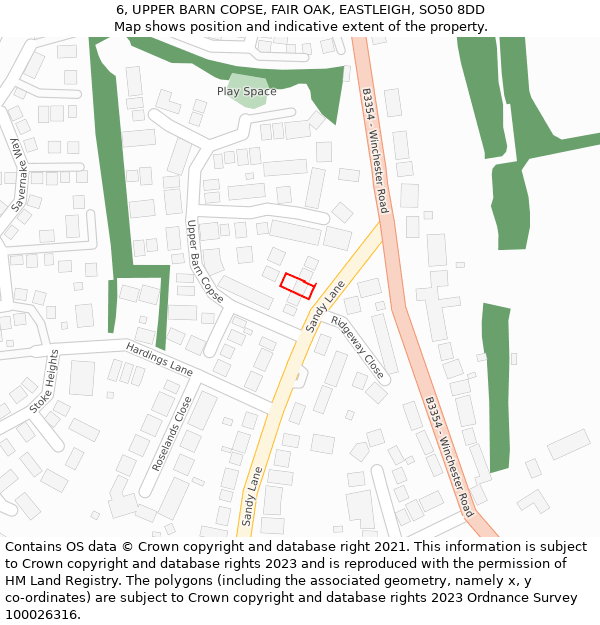 6, UPPER BARN COPSE, FAIR OAK, EASTLEIGH, SO50 8DD: Location map and indicative extent of plot