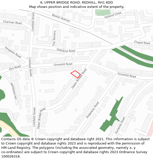 6, UPPER BRIDGE ROAD, REDHILL, RH1 6DD: Location map and indicative extent of plot