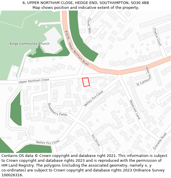 6, UPPER NORTHAM CLOSE, HEDGE END, SOUTHAMPTON, SO30 4BB: Location map and indicative extent of plot