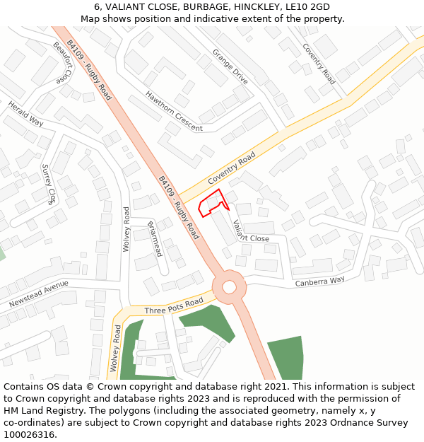 6, VALIANT CLOSE, BURBAGE, HINCKLEY, LE10 2GD: Location map and indicative extent of plot