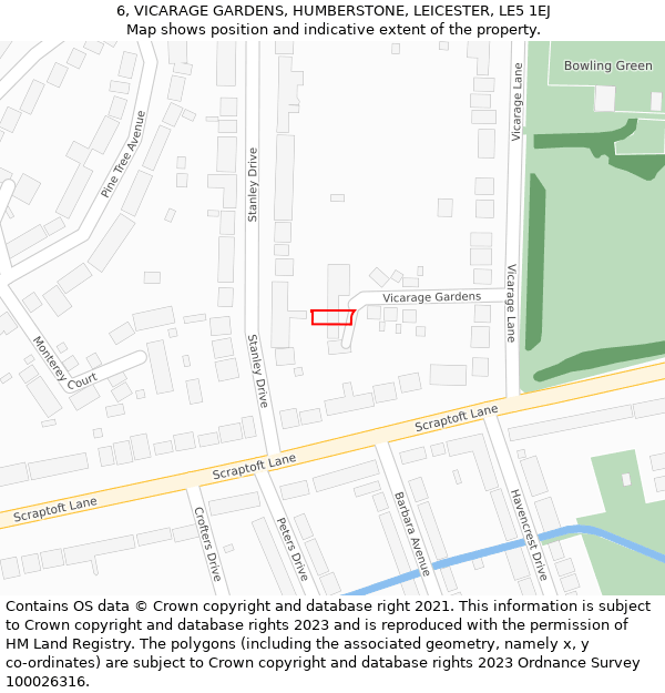 6, VICARAGE GARDENS, HUMBERSTONE, LEICESTER, LE5 1EJ: Location map and indicative extent of plot