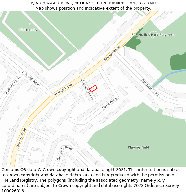 6, VICARAGE GROVE, ACOCKS GREEN, BIRMINGHAM, B27 7NU: Location map and indicative extent of plot