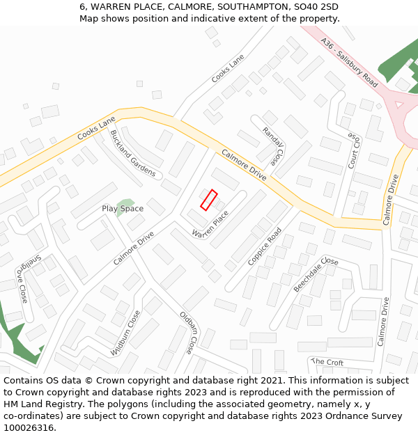 6, WARREN PLACE, CALMORE, SOUTHAMPTON, SO40 2SD: Location map and indicative extent of plot