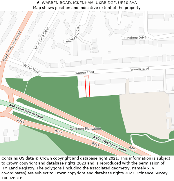 6, WARREN ROAD, ICKENHAM, UXBRIDGE, UB10 8AA: Location map and indicative extent of plot