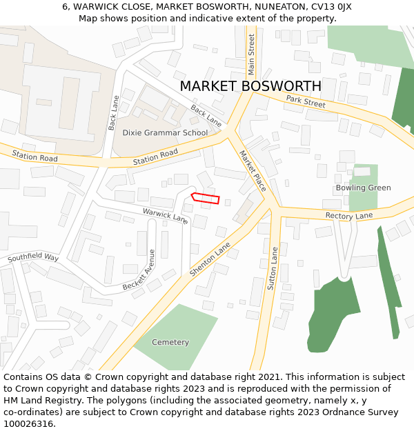 6, WARWICK CLOSE, MARKET BOSWORTH, NUNEATON, CV13 0JX: Location map and indicative extent of plot