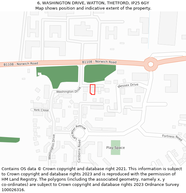 6, WASHINGTON DRIVE, WATTON, THETFORD, IP25 6GY: Location map and indicative extent of plot