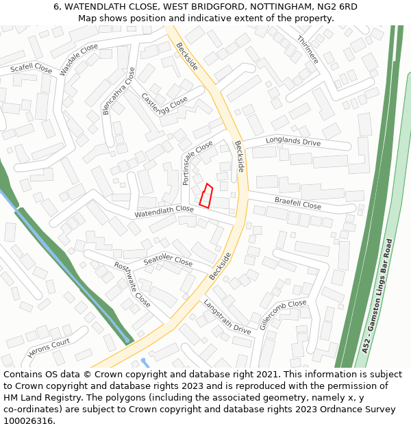 6, WATENDLATH CLOSE, WEST BRIDGFORD, NOTTINGHAM, NG2 6RD: Location map and indicative extent of plot