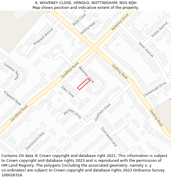 6, WAVENEY CLOSE, ARNOLD, NOTTINGHAM, NG5 6QH: Location map and indicative extent of plot