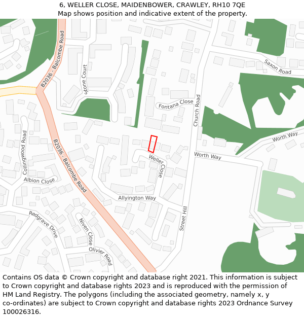 6, WELLER CLOSE, MAIDENBOWER, CRAWLEY, RH10 7QE: Location map and indicative extent of plot