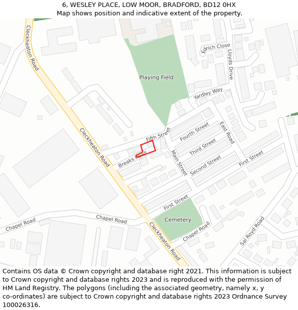 6, WESLEY PLACE, LOW MOOR, BRADFORD, BD12 0HX: Location map and indicative extent of plot