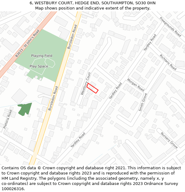 6, WESTBURY COURT, HEDGE END, SOUTHAMPTON, SO30 0HN: Location map and indicative extent of plot