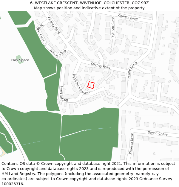 6, WESTLAKE CRESCENT, WIVENHOE, COLCHESTER, CO7 9RZ: Location map and indicative extent of plot