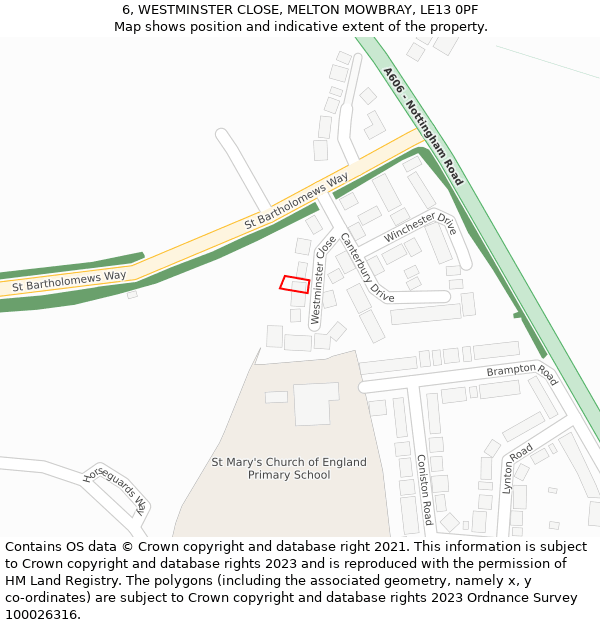 6, WESTMINSTER CLOSE, MELTON MOWBRAY, LE13 0PF: Location map and indicative extent of plot