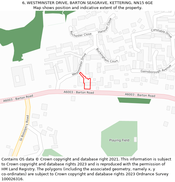 6, WESTMINSTER DRIVE, BARTON SEAGRAVE, KETTERING, NN15 6GE: Location map and indicative extent of plot