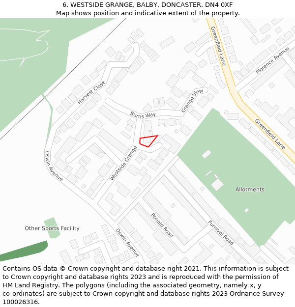 6, WESTSIDE GRANGE, BALBY, DONCASTER, DN4 0XF: Location map and indicative extent of plot