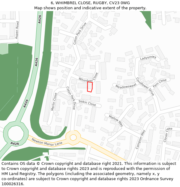 6, WHIMBREL CLOSE, RUGBY, CV23 0WG: Location map and indicative extent of plot